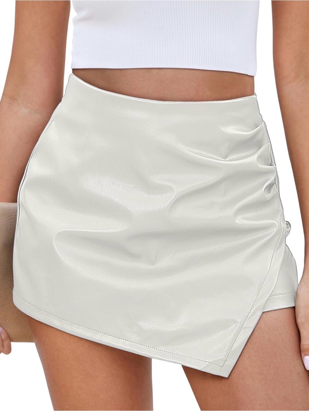 Faux Leather Asymmetrical Skort in Light Cream